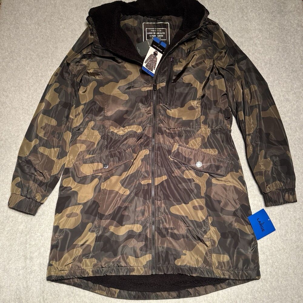 Lucky Brand Parka Jacket Womens Large Green Camo Faux Fur Lined Hooded Coat